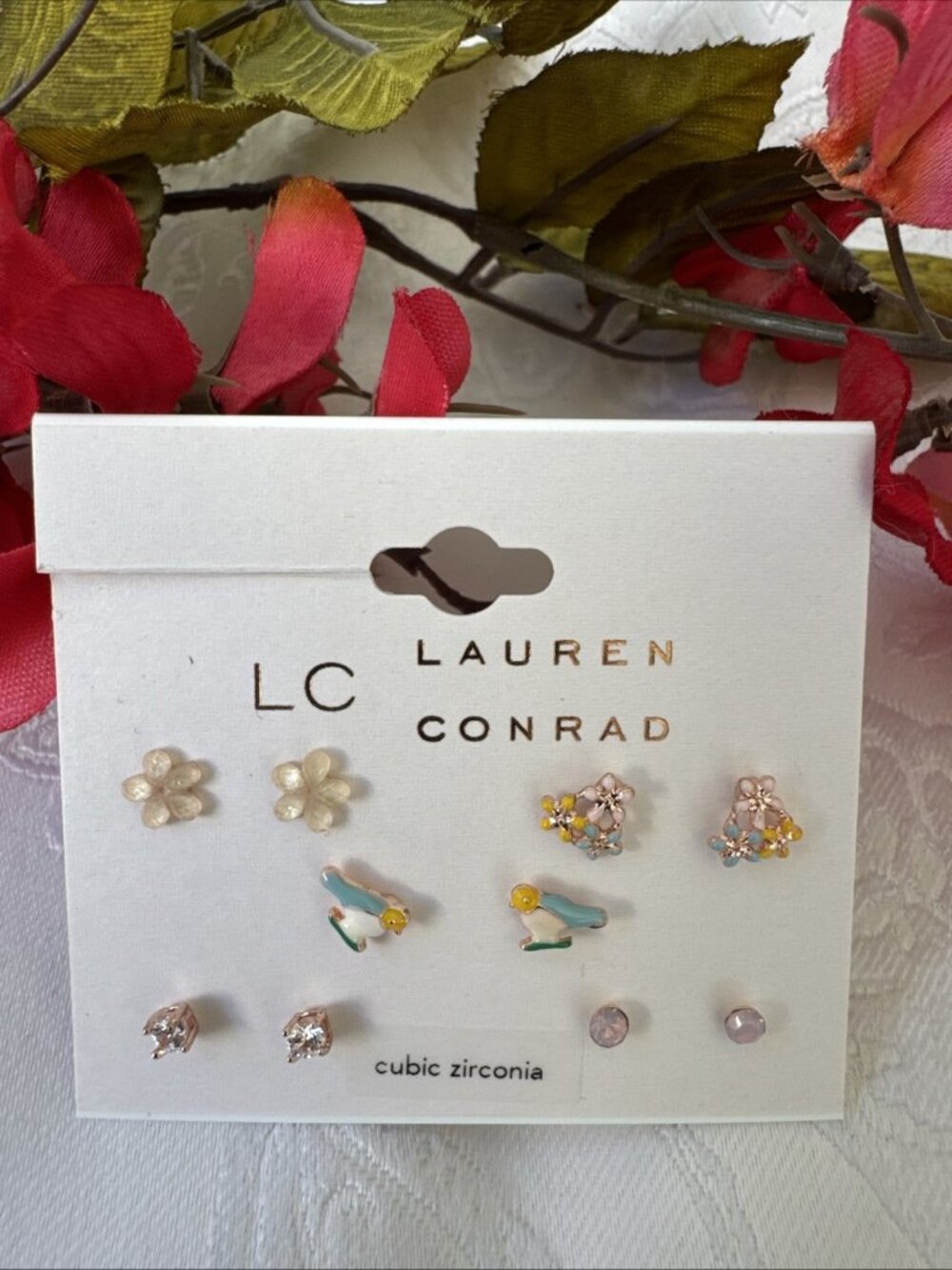 LC Lauren Conrad Set 5 Pairs Gold Silver CZ Tiny Stud Birds Flowers Earrings NEW